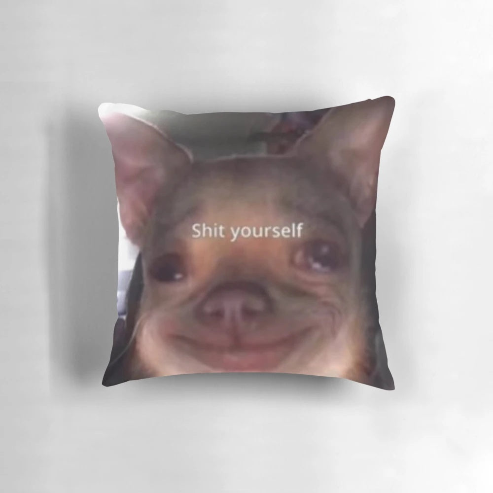 Funny "Shit Yourself" dog meme printed on a plush, decorative pillow