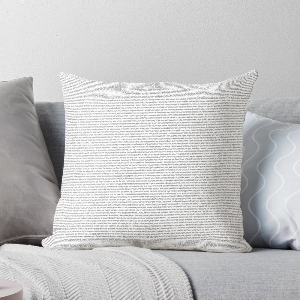 A large, soft pillow featuring the complete Shrek script in a humorous, meme-inspired design.