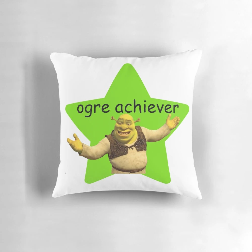 A plush, square Shrek-themed pillow featuring a playful pun or meme design.