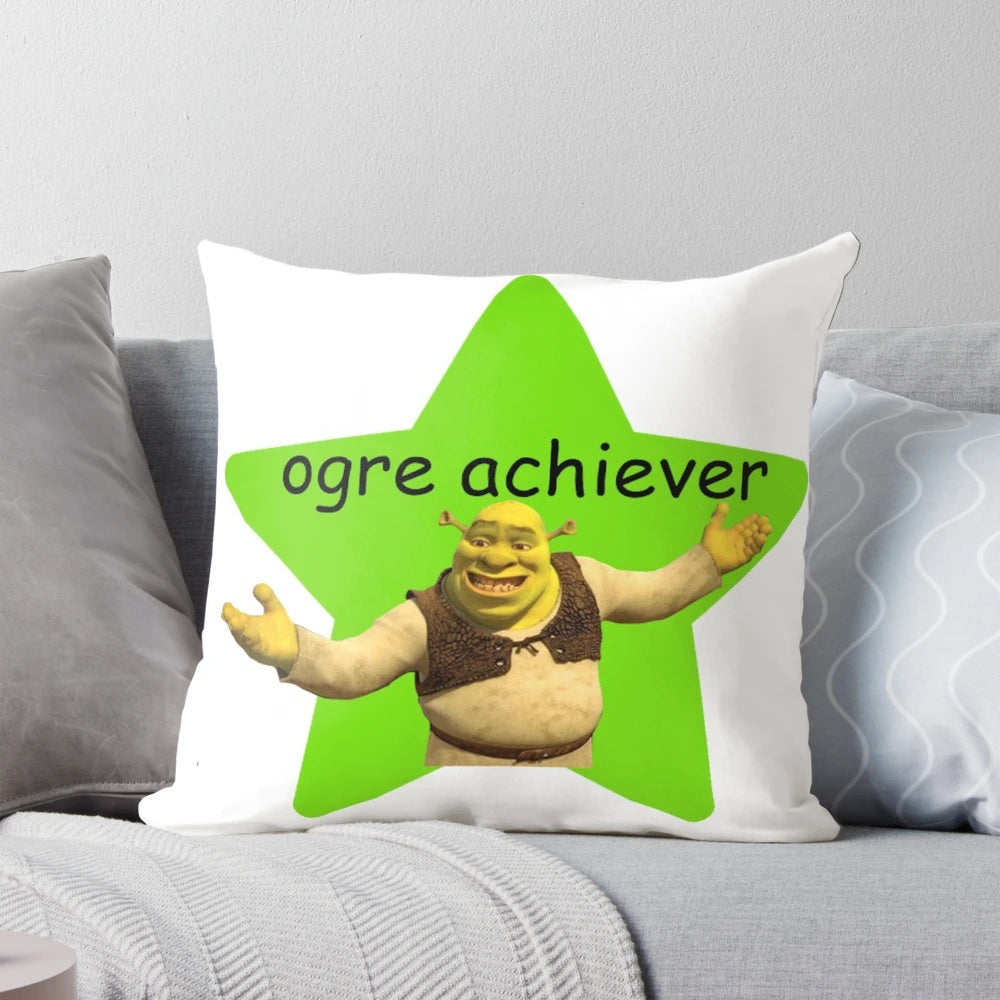 A plush, square Shrek-themed pillow featuring a playful pun or meme design.