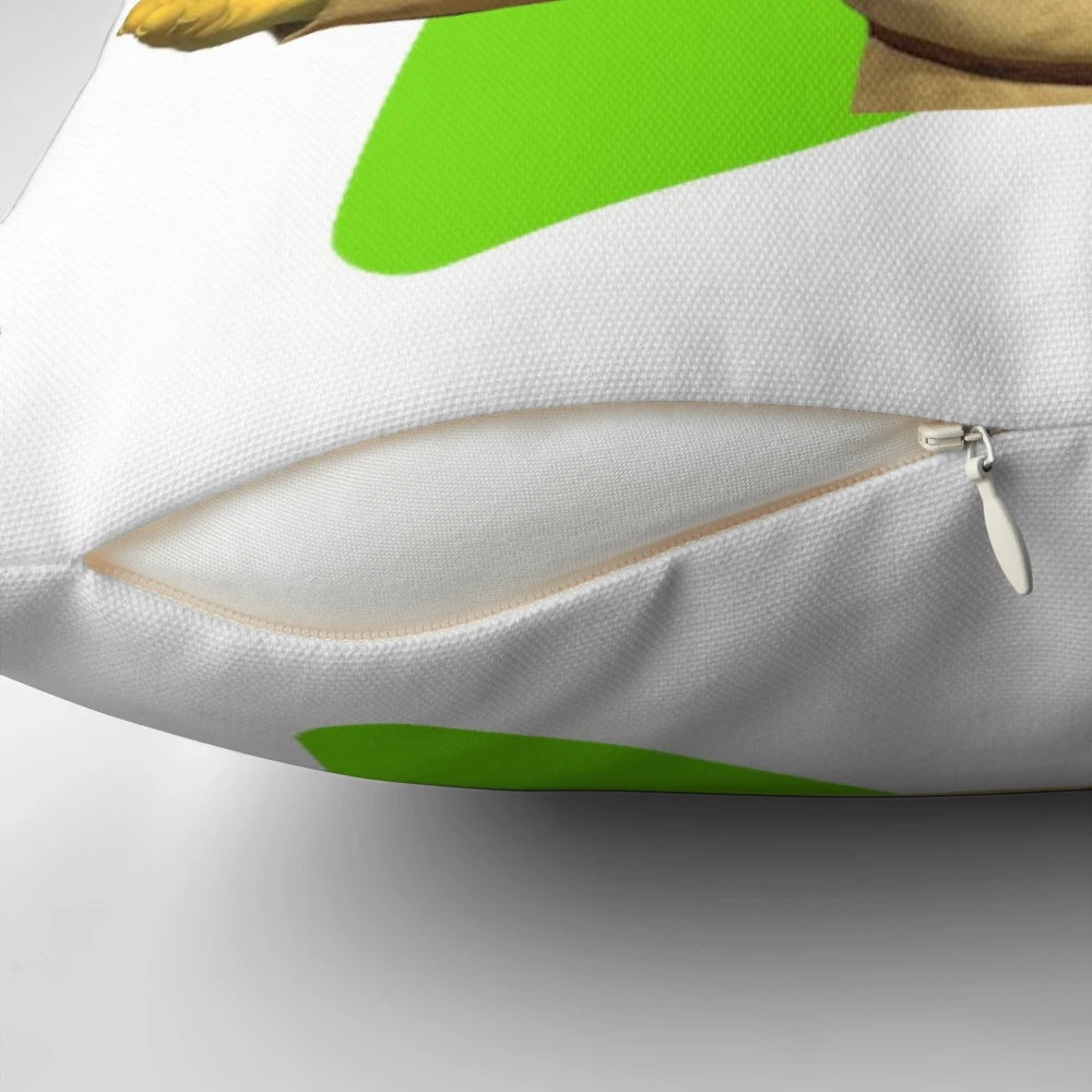 A plush, square Shrek-themed pillow featuring a playful pun or meme design.