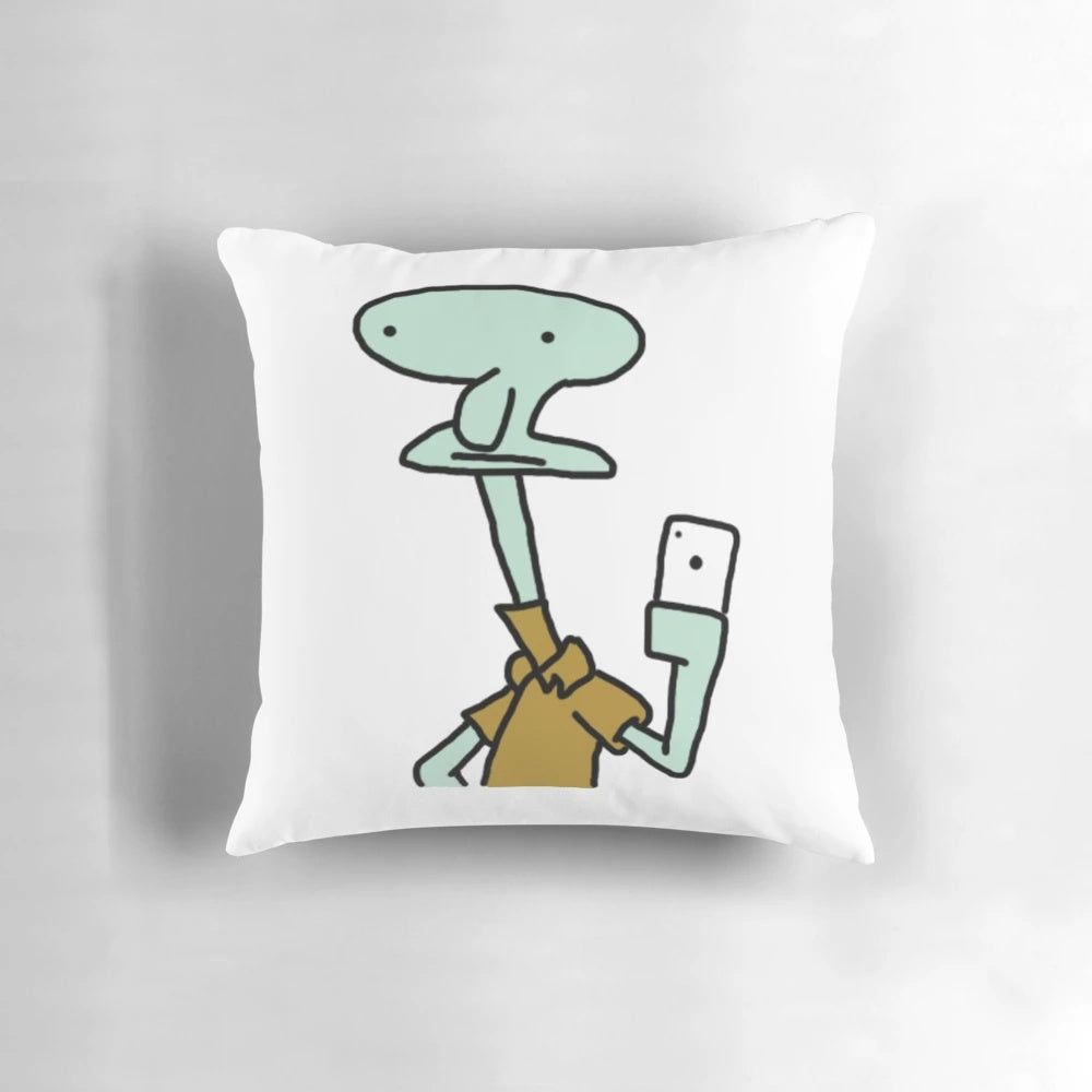 Poorly-drawn Squidward Tentacles meme printed on a plush, soft pillow