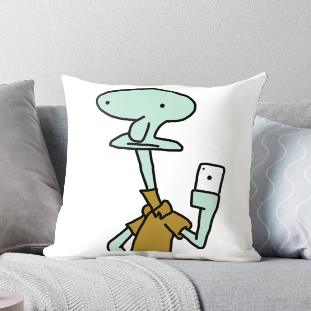 Poorly-drawn Squidward Tentacles meme printed on a plush, soft pillow
