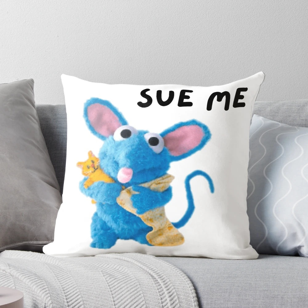 Sue Me" throw pillow with a playful, meme-inspired design