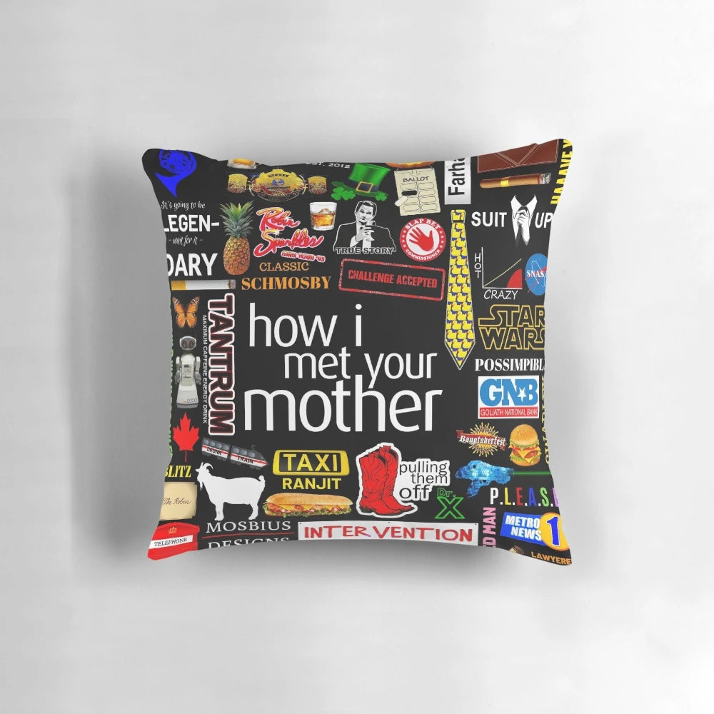 Collage-style pillow featuring iconic symbols and characters from the TV show "How I Met Your Mother"