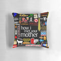Collage-style pillow featuring iconic symbols and characters from the TV show "How I Met Your Mother"