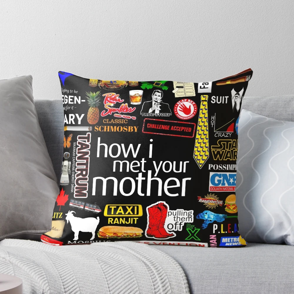 Collage-style pillow featuring iconic symbols and characters from the TV show "How I Met Your Mother"