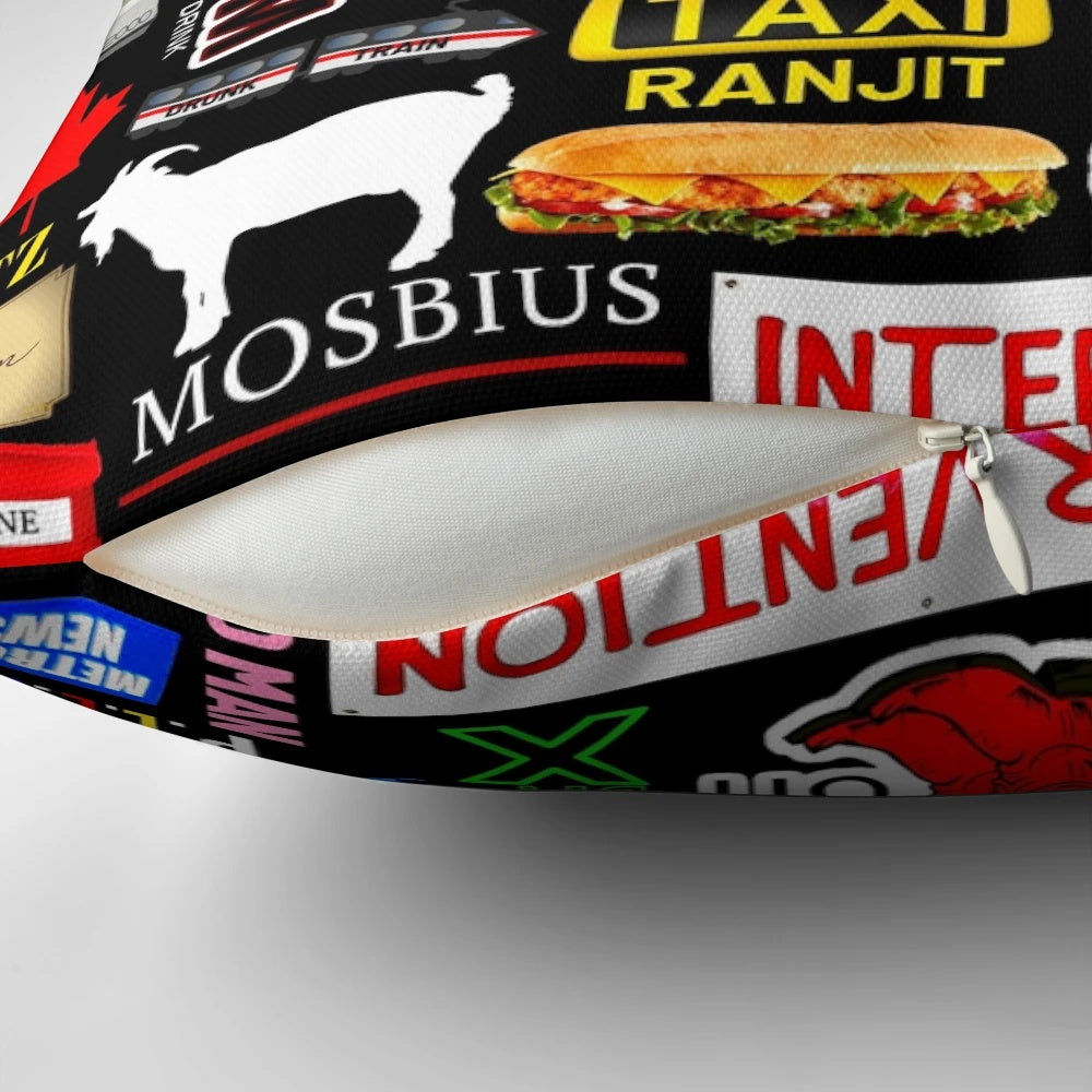 Collage-style pillow featuring iconic symbols and characters from the TV show "How I Met Your Mother"