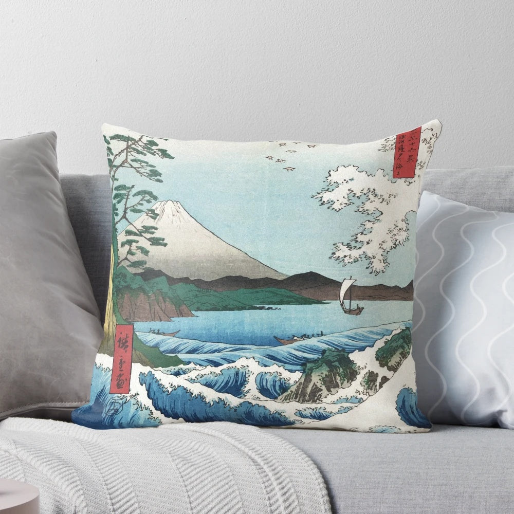 Vintage Japanese ukiyo-e watercolor painting by artist Hiroshige, depicting the "Sea off Satta" with a volcano, crashing waves, and fishermen.