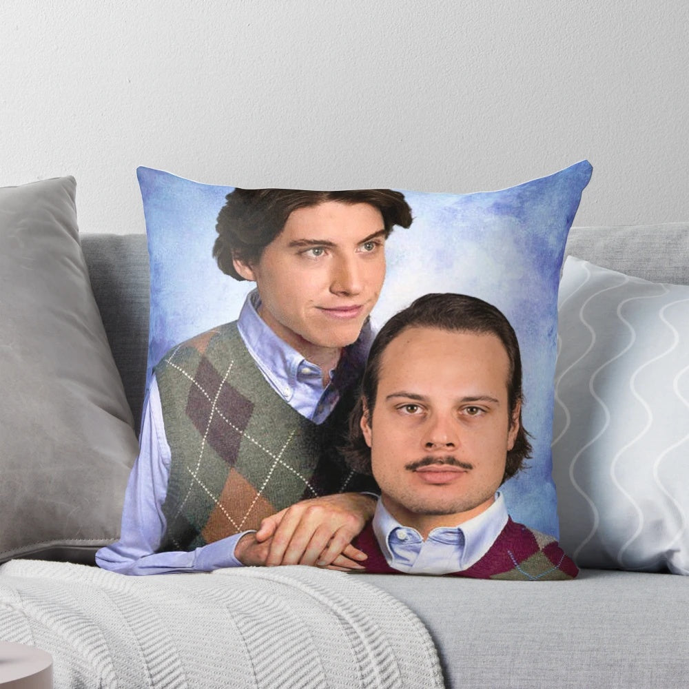 A Pillow featuring images of Toronto Maple Leafs hockey players Auston Matthews and Mitch Marner as step brothers.