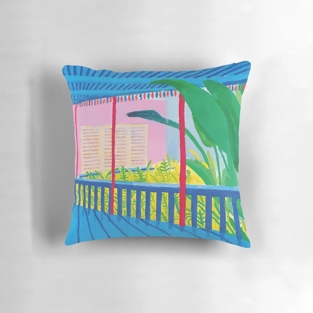 Hockney garden-inspired pillow with vibrant colors and whimsical design
