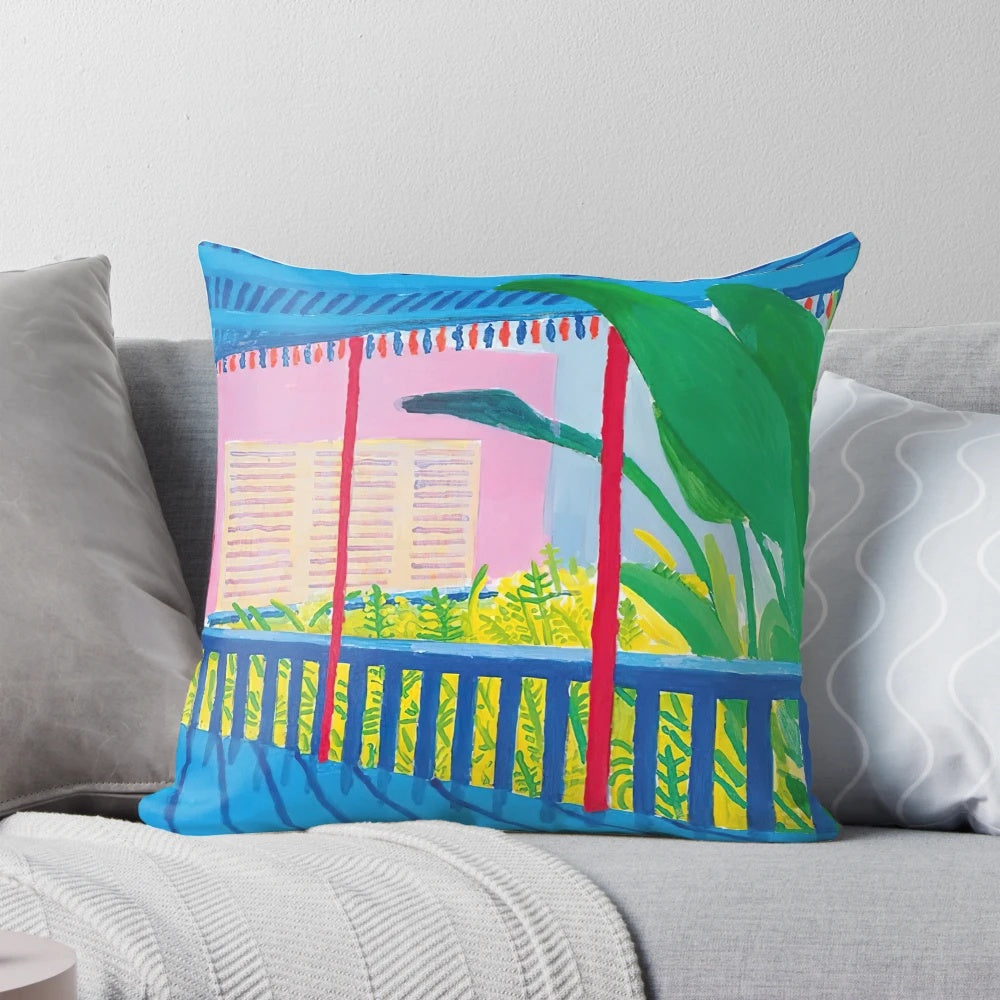 Hockney garden-inspired pillow with vibrant colors and whimsical design