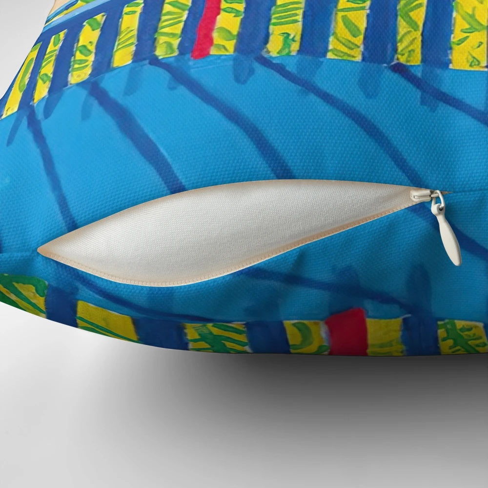 Hockney garden-inspired pillow with vibrant colors and whimsical design
