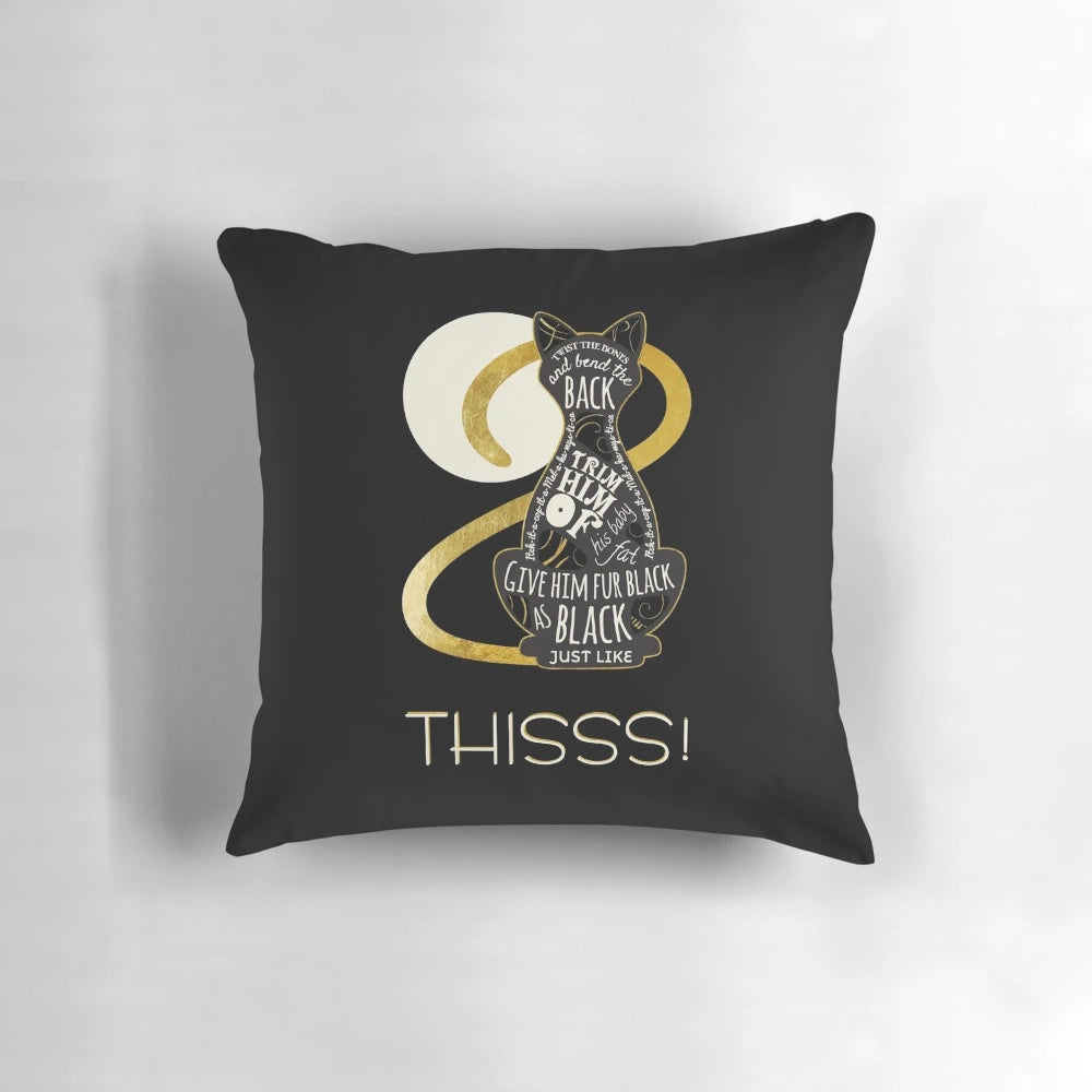 Hocus Pocus-inspired throw pillow featuring a cat, gold accents, and a magical "Just. Like. This!" design