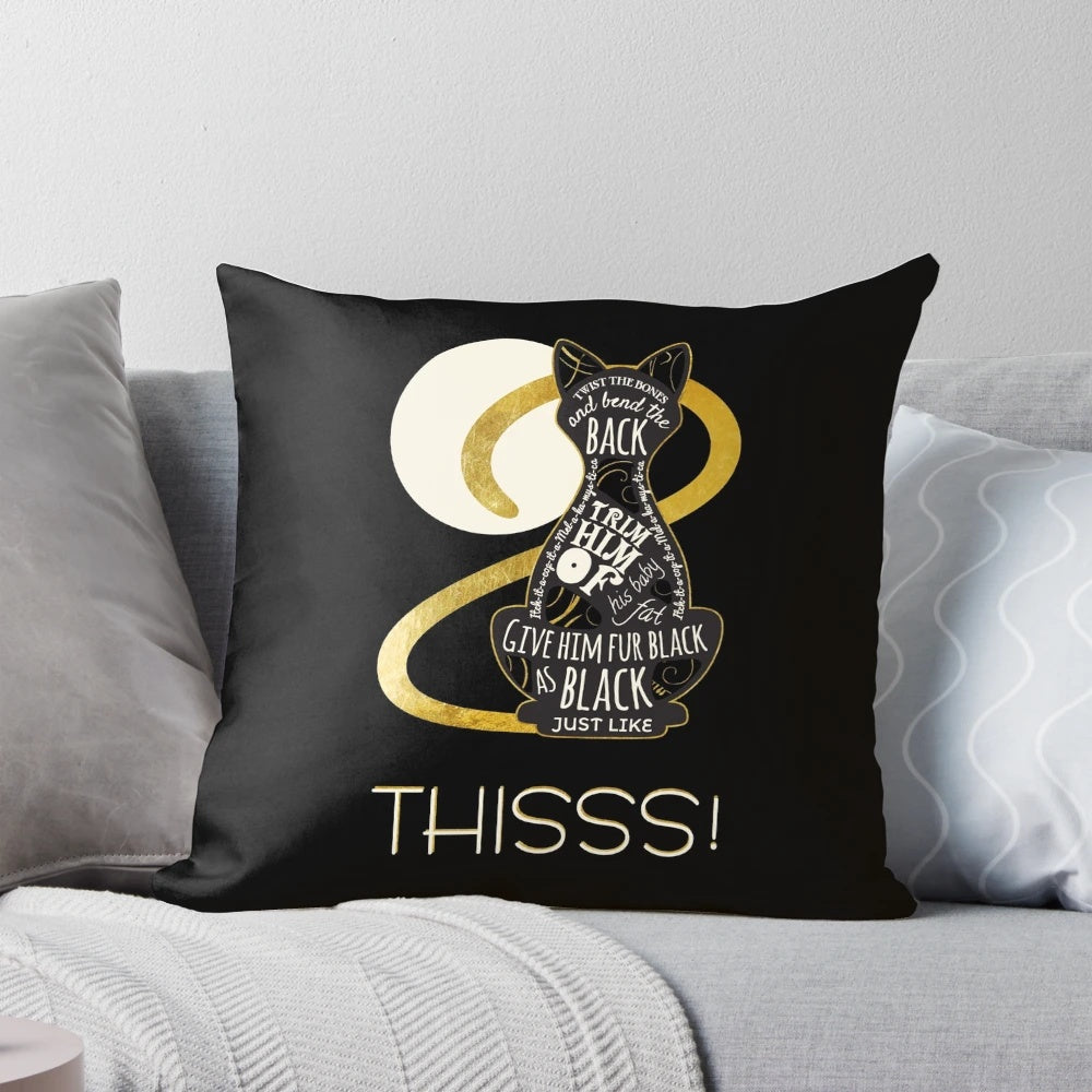 Hocus Pocus-inspired throw pillow featuring a cat, gold accents, and a magical "Just. Like. This!" design