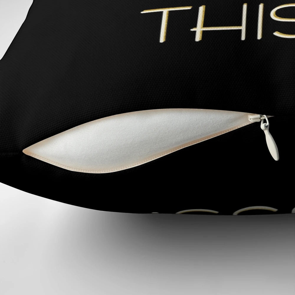 Hocus Pocus-inspired throw pillow featuring a cat, gold accents, and a magical "Just. Like. This!" design