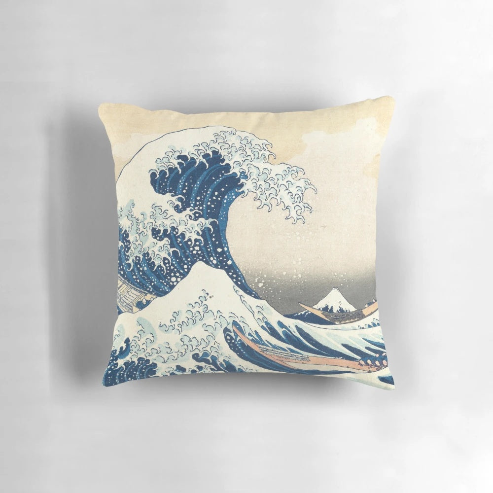 Pillow featuring the famous "The Great Wave of Kanagawa" artwork by the renowned Japanese artist Hokusai
