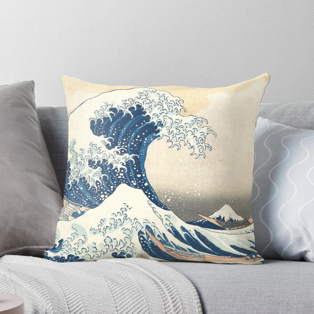 Pillow featuring the famous "The Great Wave of Kanagawa" artwork by the renowned Japanese artist Hokusai