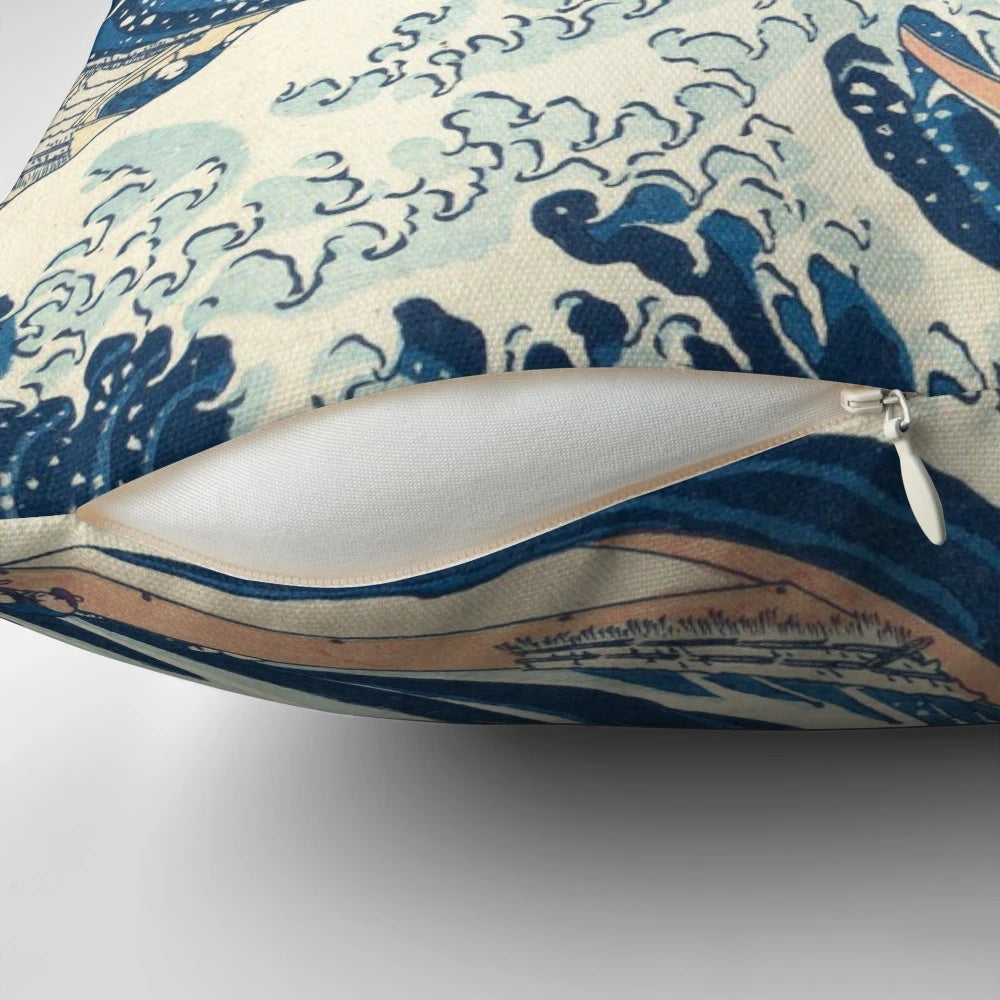 Pillow featuring the famous "The Great Wave of Kanagawa" artwork by the renowned Japanese artist Hokusai