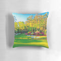 Vibrant, colorful pillow depicting the iconic 13th hole at Augusta National Golf Course, home of the Masters Tournament.