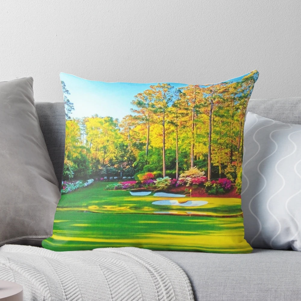 Vibrant, colorful pillow depicting the iconic 13th hole at Augusta National Golf Course, home of the Masters Tournament.