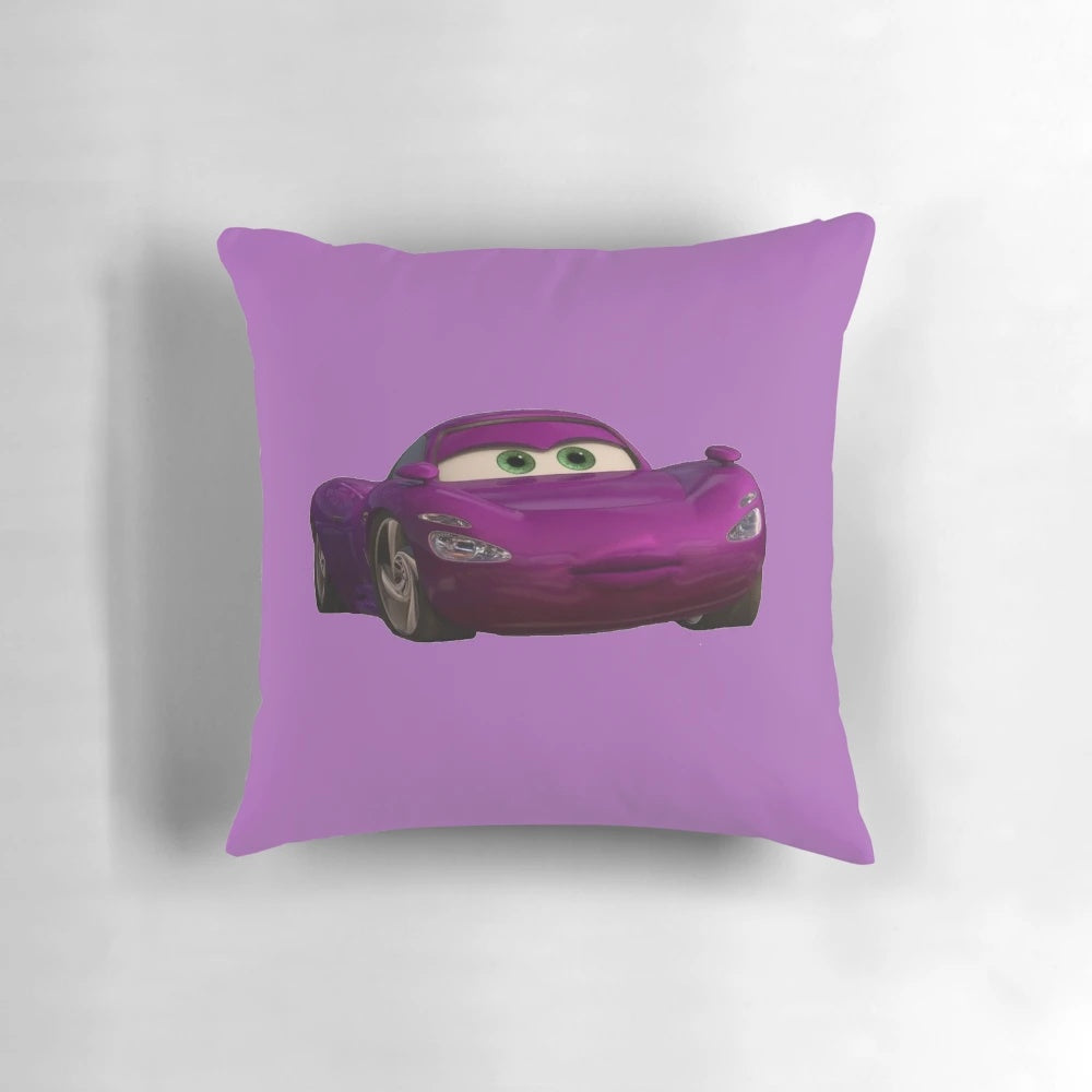Holley Shiftwell, the secret agent car character from Disney Pixar's Cars 2, featured on a decorative throw pillow for car enthusiasts.