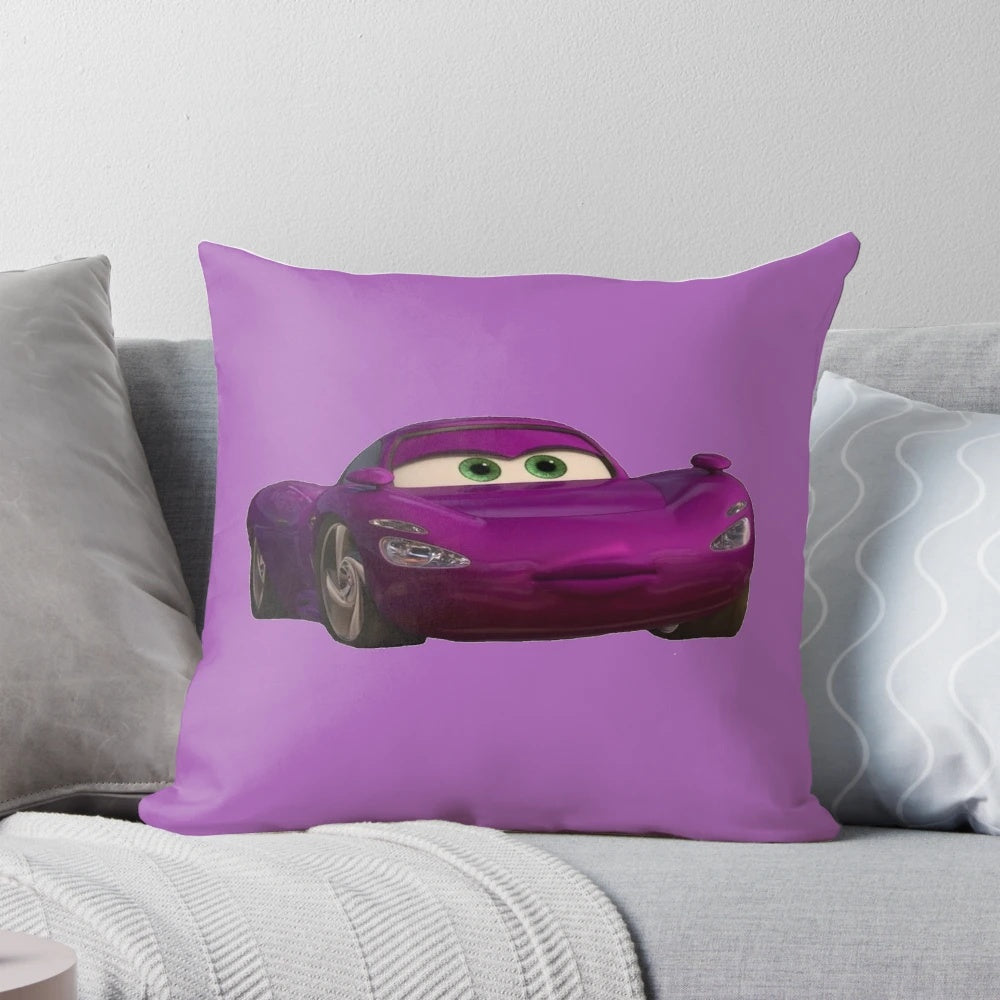 Holley Shiftwell, the secret agent car character from Disney Pixar's Cars 2, featured on a decorative throw pillow for car enthusiasts.