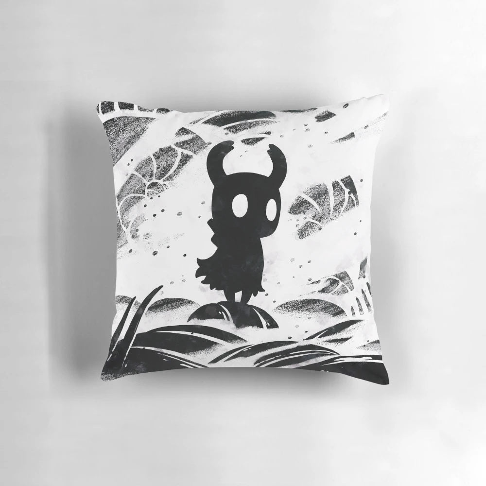 Black and white decorative pillow featuring Hollow Knight characters and game elements