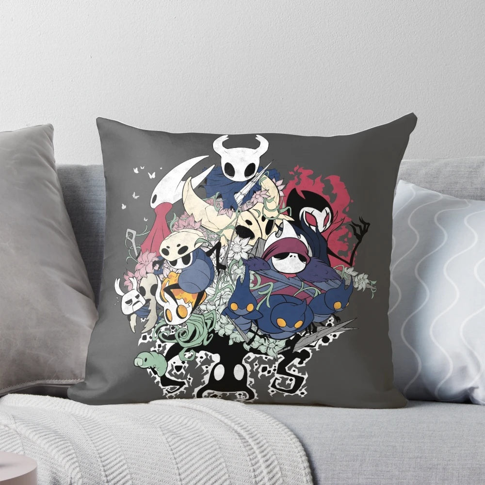 Hollow Knight inspired gaming pillow with the game's character Hornet and Grimm
