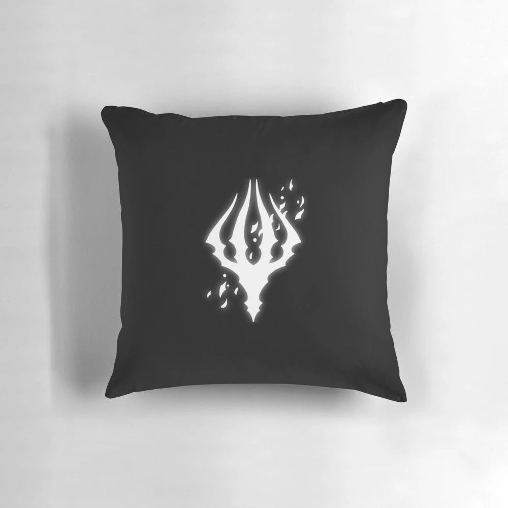 Hollow Knight-themed pillow featuring the iconic King's Brand design in grayscale