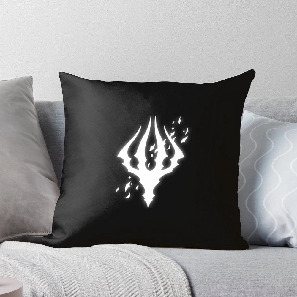 Hollow Knight-themed pillow featuring the iconic King's Brand design in grayscale