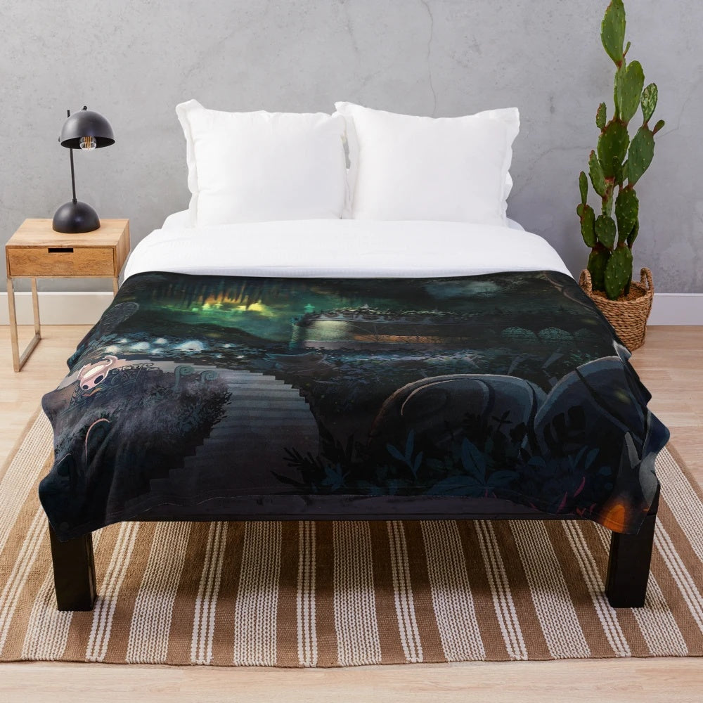 Hollow Knight inspired plush blanket featuring the game's iconic characters and symbols