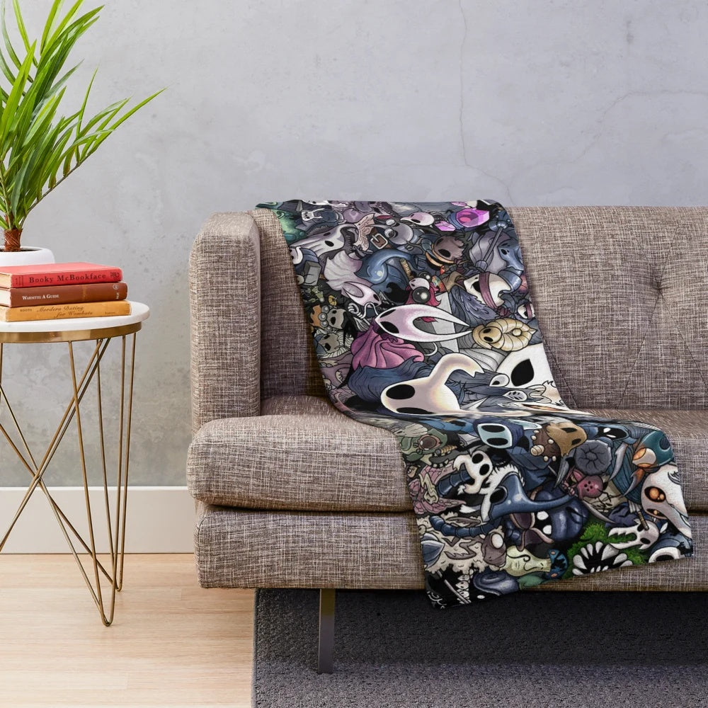 Hollowknight plush blanket featuring the iconic knight and game elements