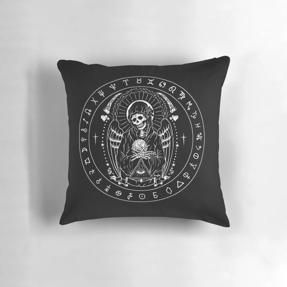 Holy Death Santa Muerte skull art punk pillow featuring a gothic, lowbrow punk skull design