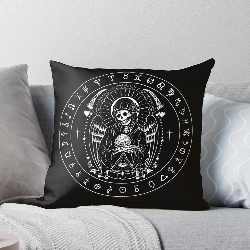 Holy Death Santa Muerte skull art punk pillow featuring a gothic, lowbrow punk skull design