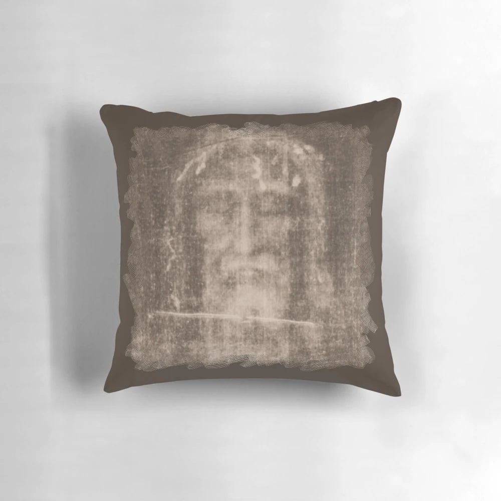 Pillow featuring the Holy Face of Jesus from the Shroud of Turin, Veronica's Veil, and Mandylion of Edessa.