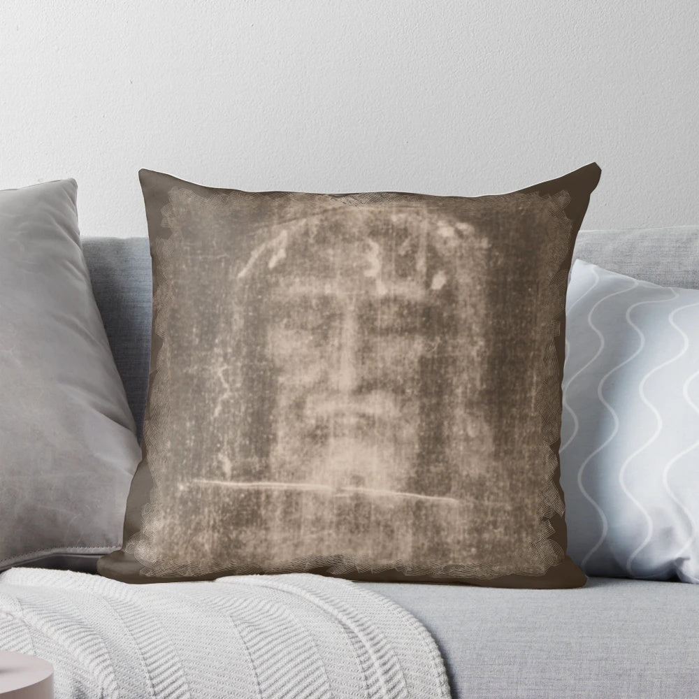 Pillow featuring the Holy Face of Jesus from the Shroud of Turin, Veronica's Veil, and Mandylion of Edessa.