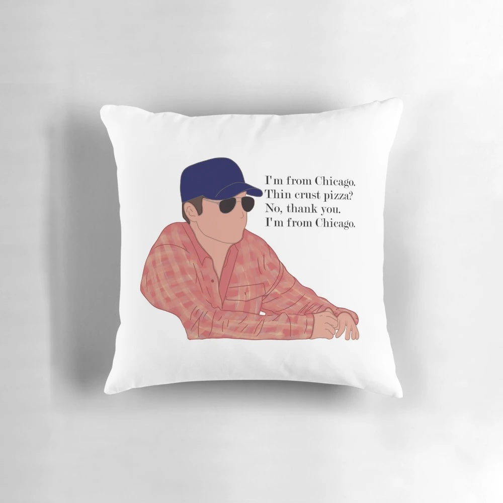 Decorative pillow featuring the character Julius Pepperwood from the TV show New Girl, with the text "I'm from Chicago" in a creative design.