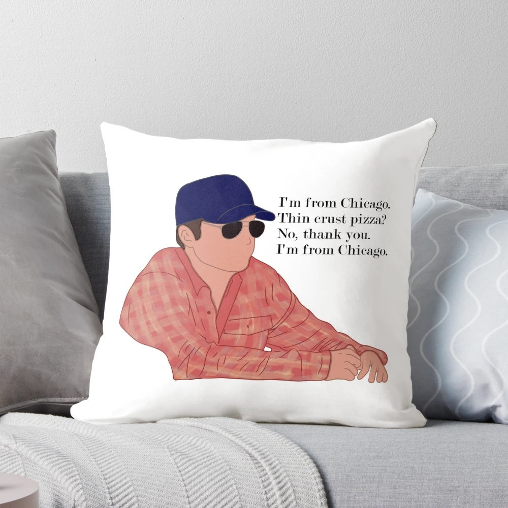 Decorative pillow featuring the character Julius Pepperwood from the TV show New Girl, with the text "I'm from Chicago" in a creative design.