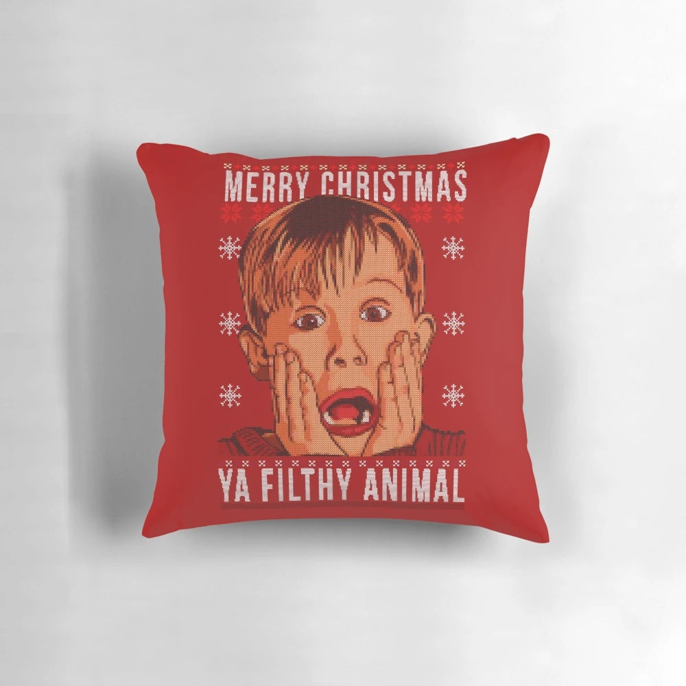 Home Alone-inspired Kevin McCallister ugly Christmas sweater design decorative pillow