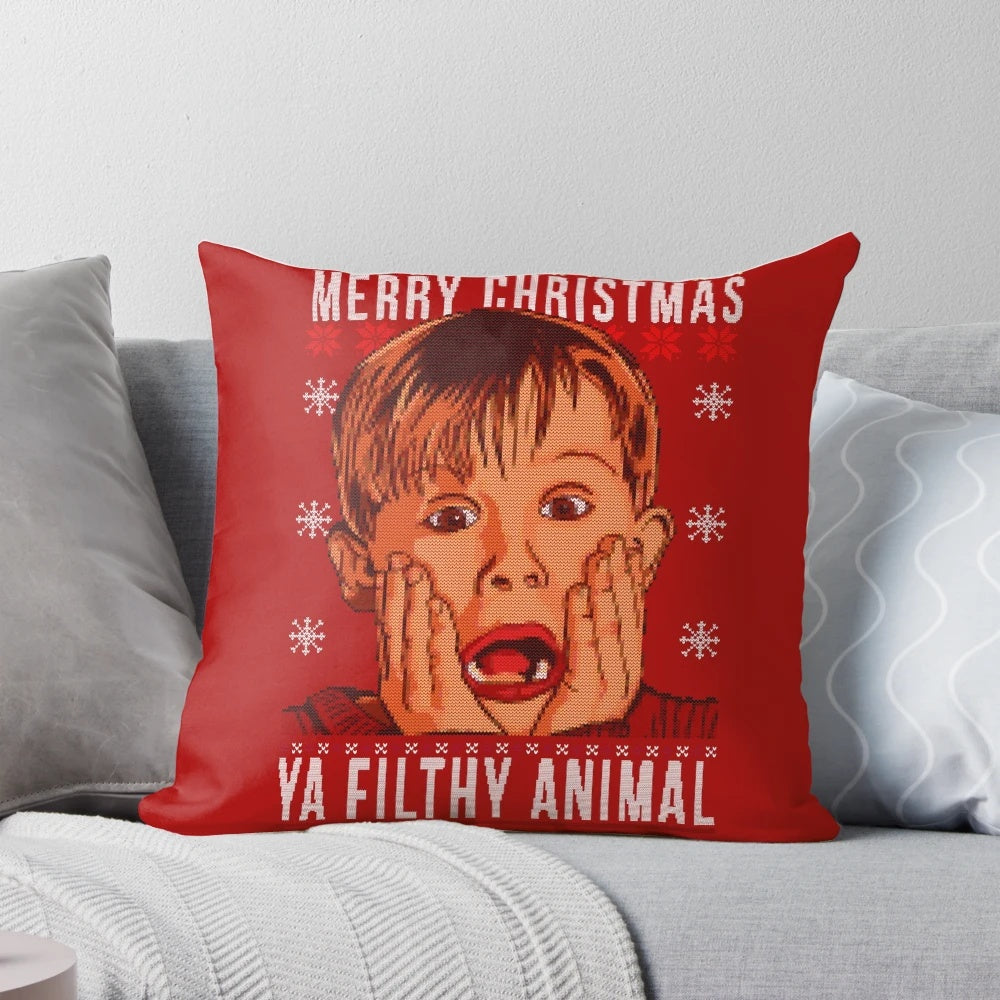 Home Alone-inspired Kevin McCallister ugly Christmas sweater design decorative pillow