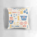 Cozy pasta night throw pillow with a hand-drawn digital illustration of Italian ingredients like tomatoes, peppers, and mushrooms in a vintage style.