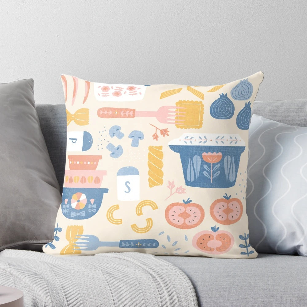 Cozy pasta night throw pillow with a hand-drawn digital illustration of Italian ingredients like tomatoes, peppers, and mushrooms in a vintage style.