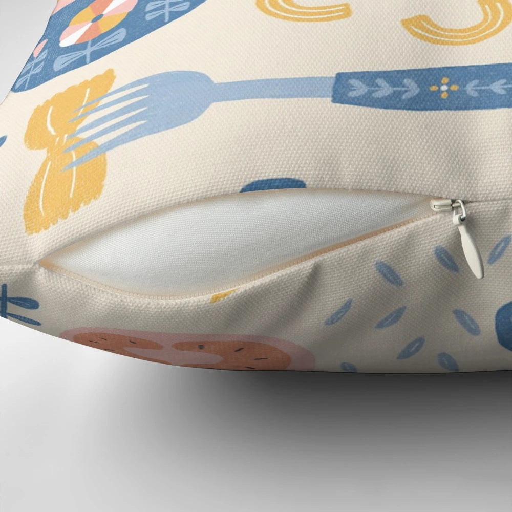 Cozy pasta night throw pillow with a hand-drawn digital illustration of Italian ingredients like tomatoes, peppers, and mushrooms in a vintage style.