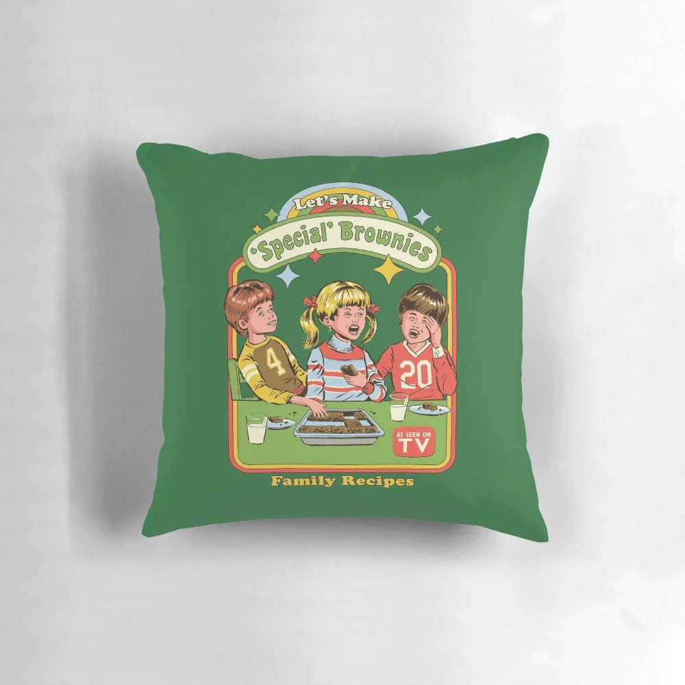 A cozy pillow featuring a retro-inspired homemade brownies design