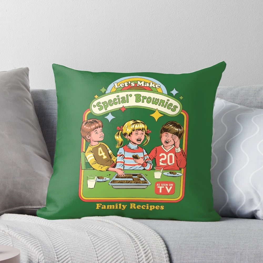 A cozy pillow featuring a retro-inspired homemade brownies design