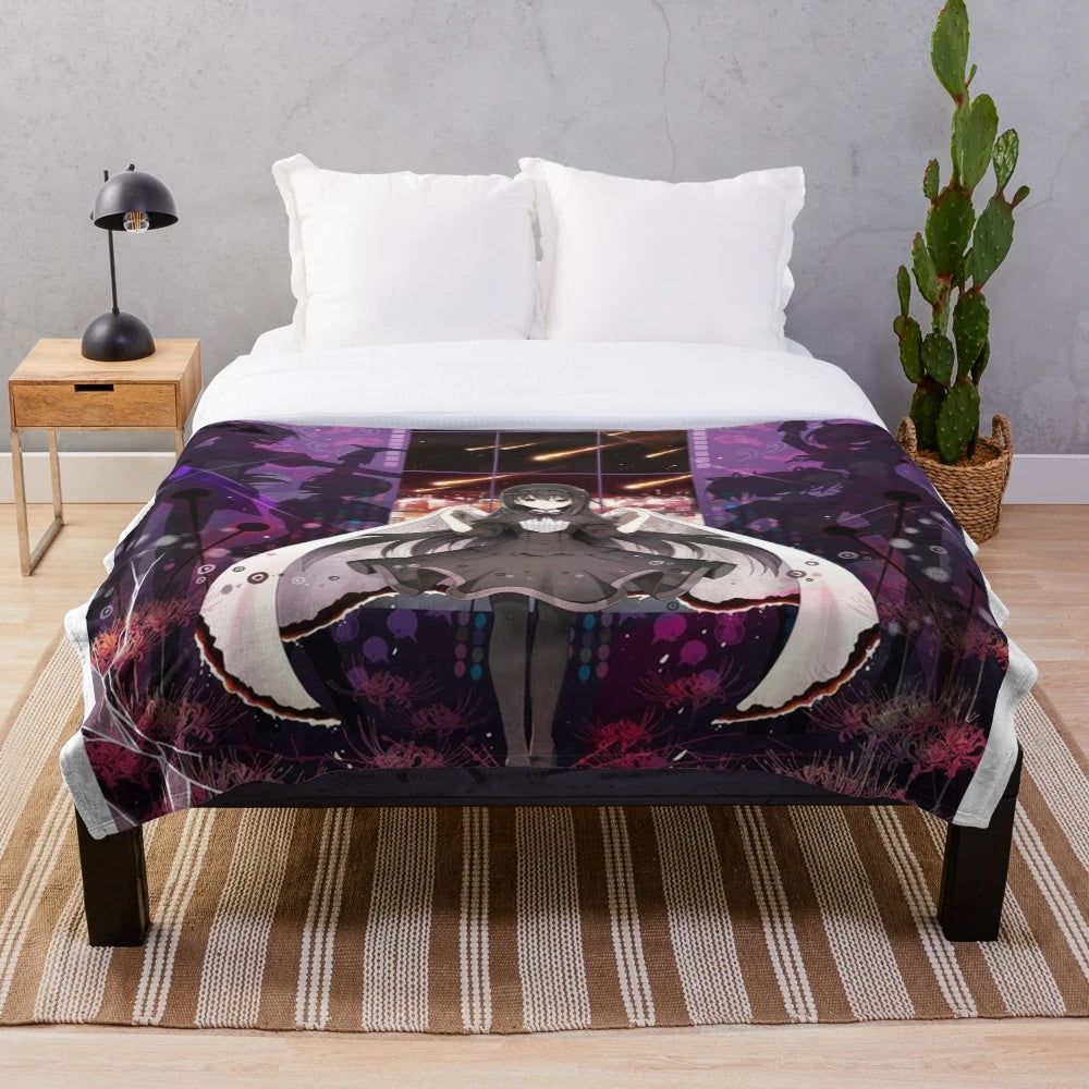 Homura Akemi inspired plush blanket featuring the character from the anime series Madoka Magica
