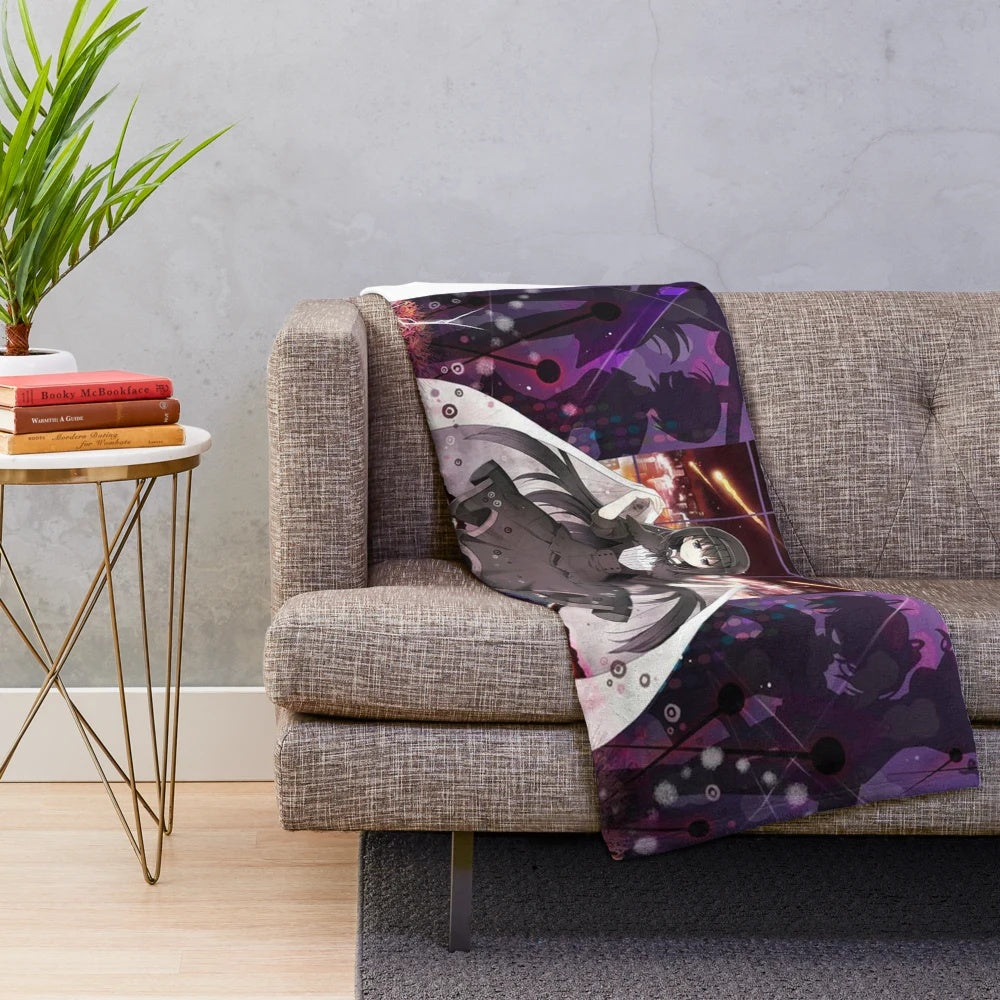 Homura Akemi inspired plush blanket featuring the character from the anime series Madoka Magica