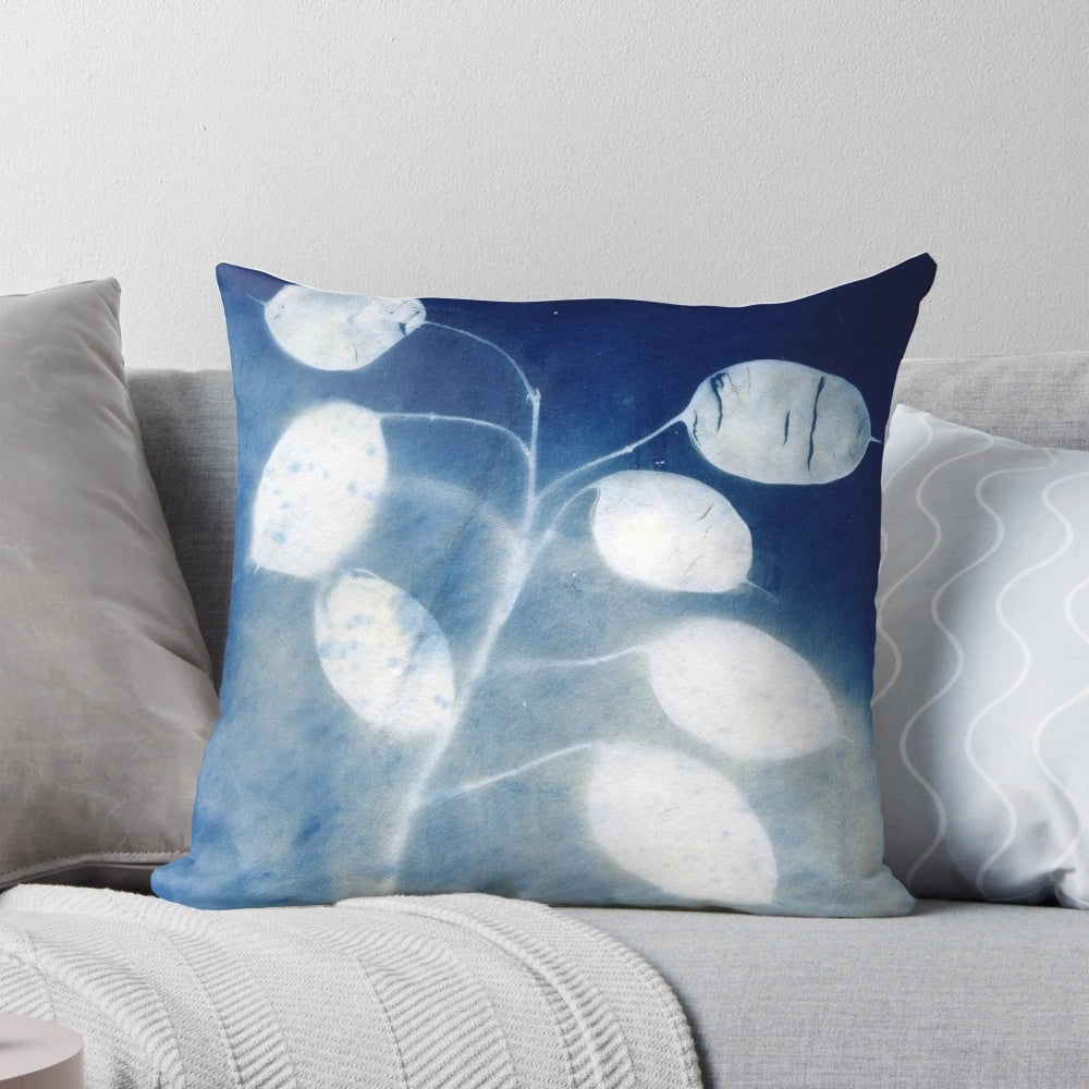 Cyanotype print pillow featuring the honesty plant's unique seed pods