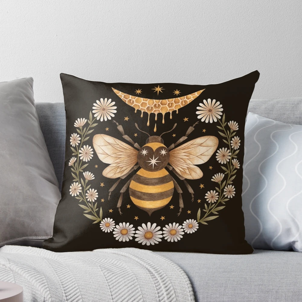 Decorative honeymoon pillow with floral crescent moon and honeycomb design